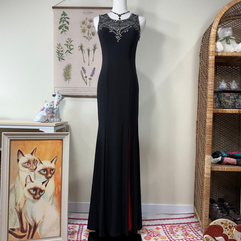 Y2k Beaded Sheer Mesh Red Lined Slit Formal Dress Sexy Romantic Goth Vampire 2